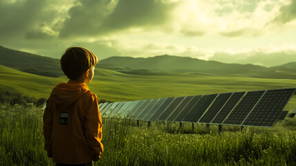 Wall Mural - A child looking curiously at solar panels in a green field symbolizing the future.