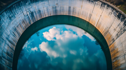 Wall Mural - An aerial view of a hydroelectric dam reservoir with a glassy surface reflecting the sky.