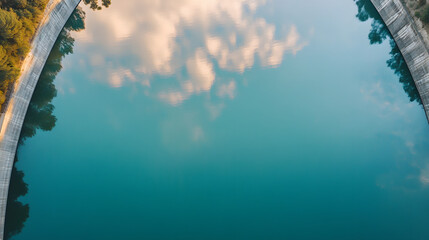 Wall Mural - An aerial view of a hydroelectric dam reservoir with a glassy surface reflecting the sky.