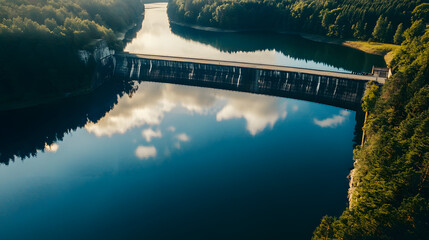 Wall Mural - An aerial view of a hydroelectric dam reservoir with a glassy surface reflecting the sky.