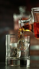 Fototapete - Super Slow Motion of Pouring Whiskey into Glass. Filmed on High Speed Cinema Camera, 1000 fps. Camera placed on Motion Control. Bar on Background, Low Depth of Focus. Vertical Aspect Ratio.