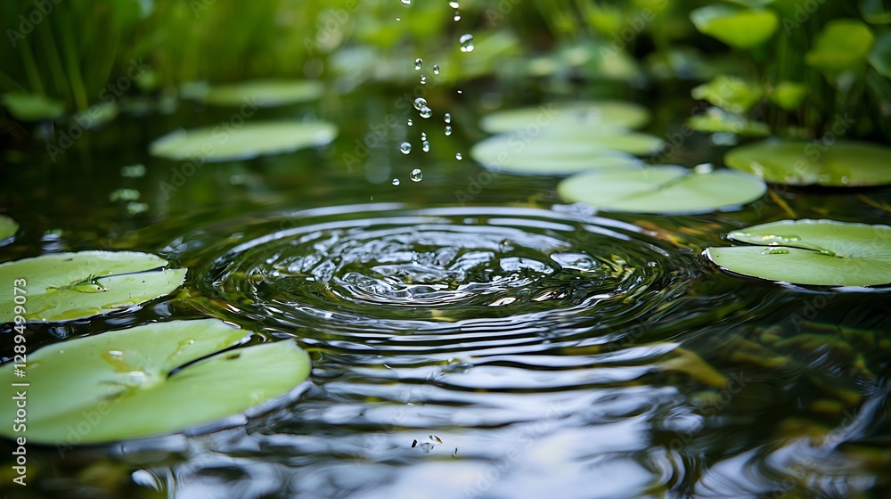 Dripping water droplets create ripples in a peaceful pond with lily ...