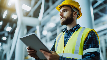 Wall Mural - An engineer inspecting a wind turbine with safety gear ensuring efficient performance.