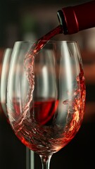 Fototapete - Super Slow Motion of Pouring Red Wine into Glass. Filmed on High Speed Cinema Camera, 1000 fps. Wine Cellar on Background. Vertical Aspect Ration.