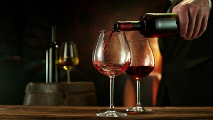 Poster - Super Slow Motion of Pouring Red Wine into Glass. Filmed on High Speed Cinema Camera, 1000 fps. Wine Cellar on Background.