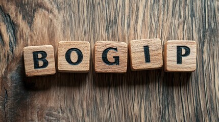 Wooden scrabble tiles spell bogip on wooden background