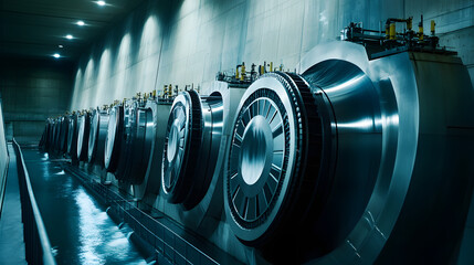 Wall Mural - A close-up of the turbines inside a hydroelectric power plant showcasing intricate machinery.