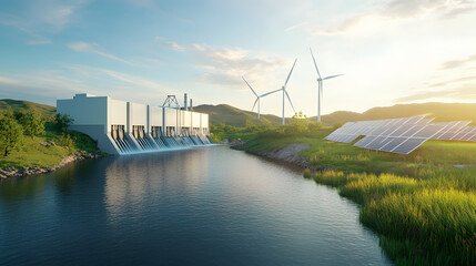 Wall Mural - A conceptual image of a hybrid hydroelectric plant with wind turbines and solar panels nearby.