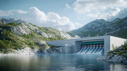 Wall Mural - A conceptual image of a hydroelectric station featuring advanced AI-driven control systems.