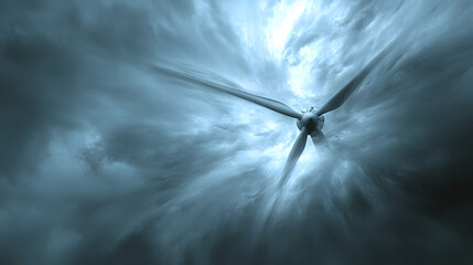 Wall Mural - A dynamic image showing wind turbines spinning rapidly under fast-moving storm clouds.
