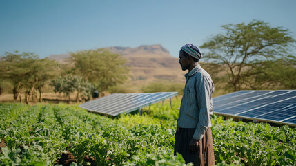 Wall Mural - A farmer using solar panels to power irrigation systems in a vibrant agricultural field.