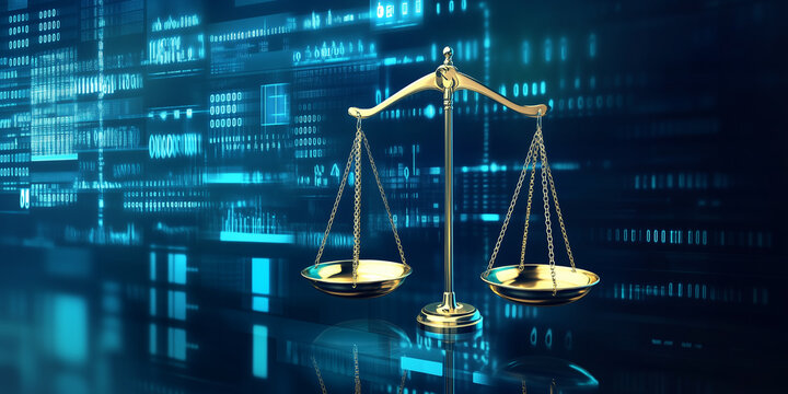 Bascula de justicia en centro de datos. Concepto de derecho digital de dualidad del Poder Judicial, Jurisprudencia y Justicia y datos en el mundo moderno