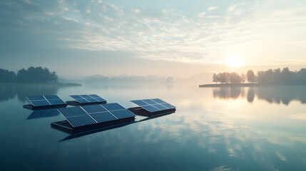 Wall Mural - A futuristic concept of floating solar panels on a calm lake with reflections on the water.