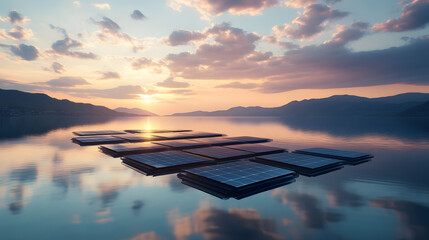 Wall Mural - A futuristic concept of floating solar panels on a calm lake with reflections on the water.