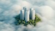 © alexshadyk - Modern skyscrapers emerge from clouds surrounded by lush greenery in a serene landscape