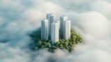 Modern skyscrapers emerge from clouds surrounded by lush greenery in a serene landscape