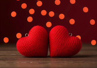 Wall Mural - Two cozy red heart decorations sit together, symbolizing love and friendship, perfect for Valentine's Day or romantic settings.