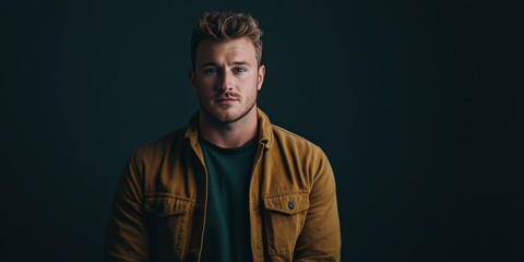 Stylish Young Man in Casual Attire Against a Dark Background