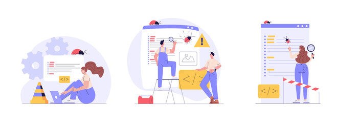 software testing illustration set. coders working with code testing and debugging, searching bugs. c