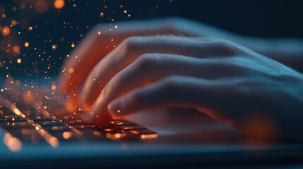 hands Typing on Keyboard with Glowing Particles.