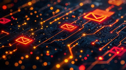 Digital email network on glowing circuit board