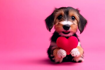 Cute petit basset griffon vendÃ©en pooch with domestic animal toy red heart - sign of love, funny greeting card. Digital ads idea. Petit basset griffon vendÃ©en - my beloved dog. Puppy cuddles.