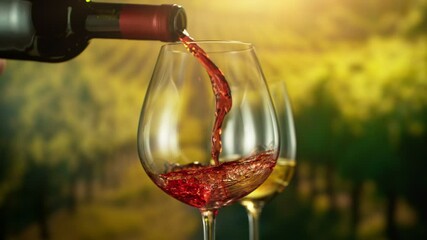 Fototapete - Super Slow Motion of Pouring Red Wine into Glass. Filmed on High Speed Cinema Camera, 1000 fps. Vineyard on Background. Camera in Motion. Speed Ramp Effect.