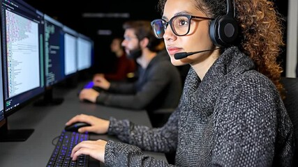 A dedicated young female coder with curly hair types on multiple screens. Concept of focused programming and tech support