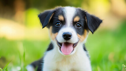 Adorable and Playful Border Collie Puppy Sitting Happily Against a Soft Green Light Background, Expressing Innocence, Curiosity, and Joy in a Beautiful and Heartwarming Portrait