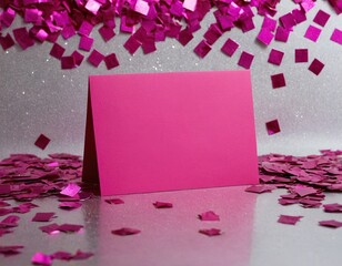 Wall Mural - A vibrant pink card sits amidst a shower of shimmering pink confetti.