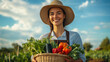 © Ricardo - a smiling female farmer wearing a hat and apron, holding a basket of vegetables and standing in a field with a blue sky background. The concept represents healthy eating