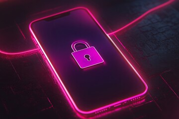 cybersecurity mobile phone neon padlock digital privacy protection smartphone secure technology data