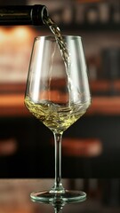 Fototapete - Super Slow Motion of Pouring White Wine into Glass. Filmed on High Speed Cinema Camera, 1000 fps. Wine Cellar on Background. Vertical Aspect Ration.