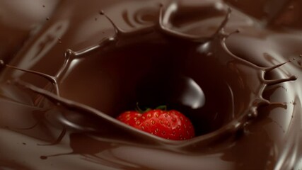 Poster - Super Slow Motion of Falling Strawberry into Melted Chocolate. Filmed on High Speed Cinema Camera, 1000fps.