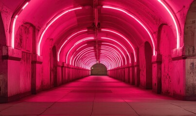 Wall Mural - a dim tunnel adorned with neon pink arches, giving off a modern and surreal vibe.