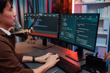 serious of it developers discussing intelligent website development coder system running data online