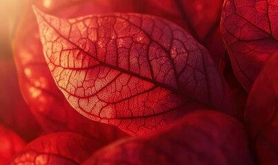 Wall Mural - artistic close-up of bright red autumn leaves with intricate details, softly illuminated to create d