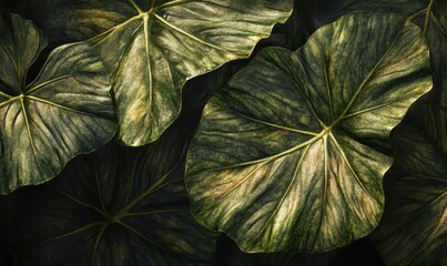 Wall Mural - Artistic close-up of fresh tropical leaves illuminated by natural light showcasing vibrant green tones and intricate textures for a refreshing botanical composition,