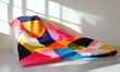 © Galina - Artistic modern quilt featuring vibrant geometric patterns and bold colors arranged on a minimalist white surface, softly illuminated by natural light,