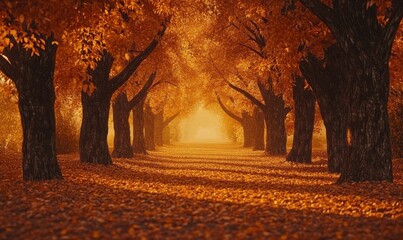 Wall Mural - autumn park with rows of trees glowing in fiery orange and yellow hues, framing a serene walking pat