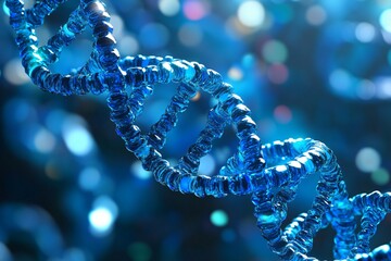 Wall Mural - Blue dna helix structure on dark background with bokeh effect. Genetic research and biotechnology concept. Scientific medical background for genetics study presentation