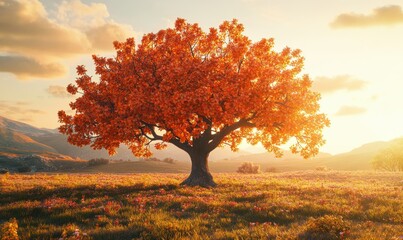Wall Mural - bright orange tree in full autumn bloom, illuminated by warm golden sunlight, surrounded by a vibran