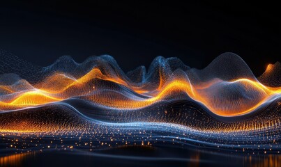 Digital abstract landscape of glowing lights and lines creating a futuristic cityscape, symbolizing technology.