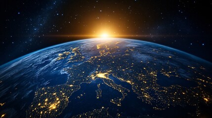 Wall Mural - planet earth with city lights at night from orbit. sunrise over europe with glowing urban areas in s