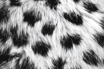 close-up on dense white fur featuring distinctive black irregular spots for a contrasting textured s