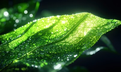 Wall Mural - Macro shot of a vibrant green fern leaf with dew-covered edges, illuminated by soft natural light for a fresh botanical aesthetic