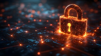Close-up of a glowing digital padlock amid binary code and data streams, symbolizing cyber security. The futuristic style makes it ideal for media on technology, digital safety, and data protection.