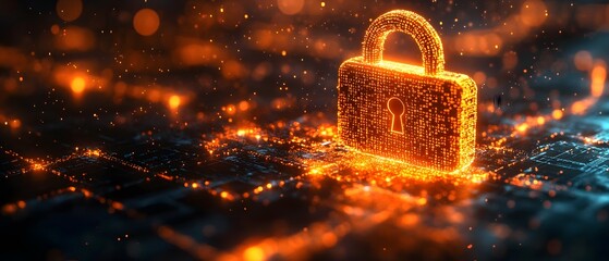 Close-up of a glowing digital padlock amid binary code and data streams, symbolizing cyber security. The futuristic style makes it ideal for media on technology, digital safety, and data protection.