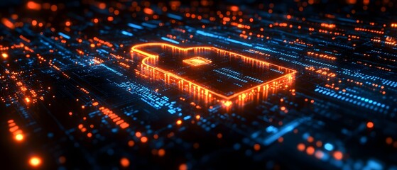 Close-up of a glowing digital padlock amid binary code and data streams, symbolizing cyber security. The futuristic style makes it ideal for media on technology, digital safety, and data protection.