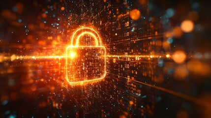Close-up of a glowing digital padlock amid binary code and data streams, symbolizing cyber security. The futuristic style makes it ideal for media on technology, digital safety, and data protection.